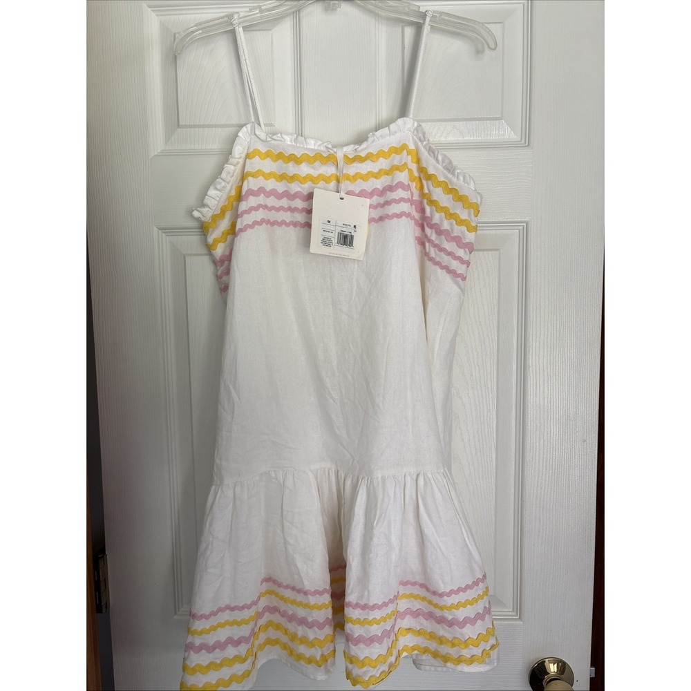 NWT Womens M Lisa Marie Fernandez White Pink Linen Blend Ric Rac Dress Lined